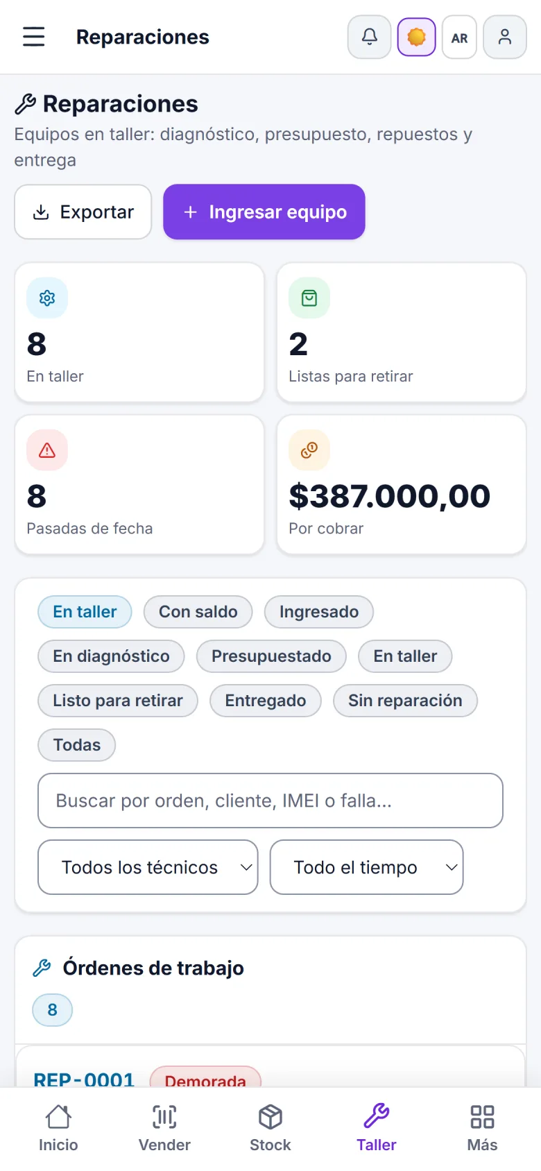SuriApp en el celular mostrando el taller de reparaciones