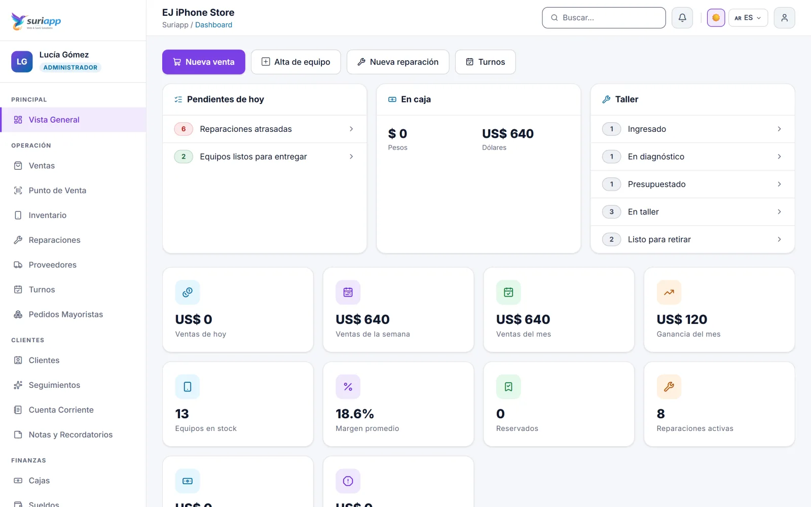Panel de SuriApp con lo pendiente del día, la caja y las ventas