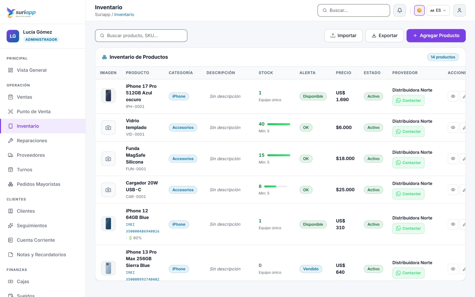 Inventario de SuriApp con equipos por IMEI, stock, precios y estado