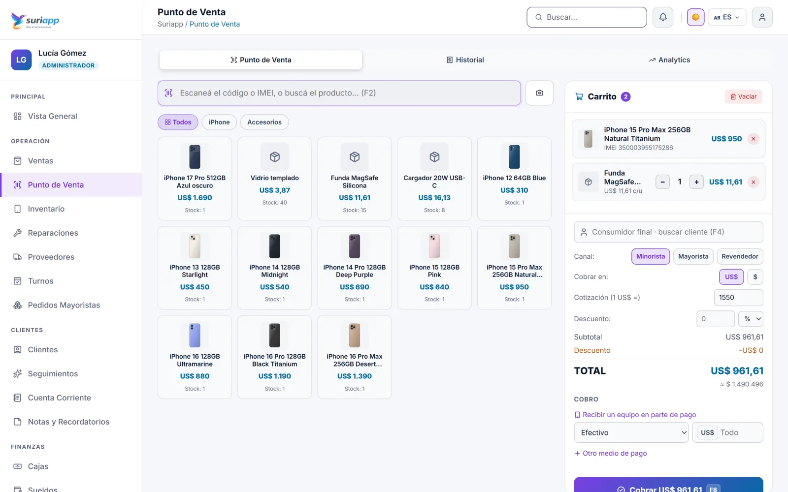 Punto de venta de SuriApp con dos productos en el carrito y el total en dólares y pesos