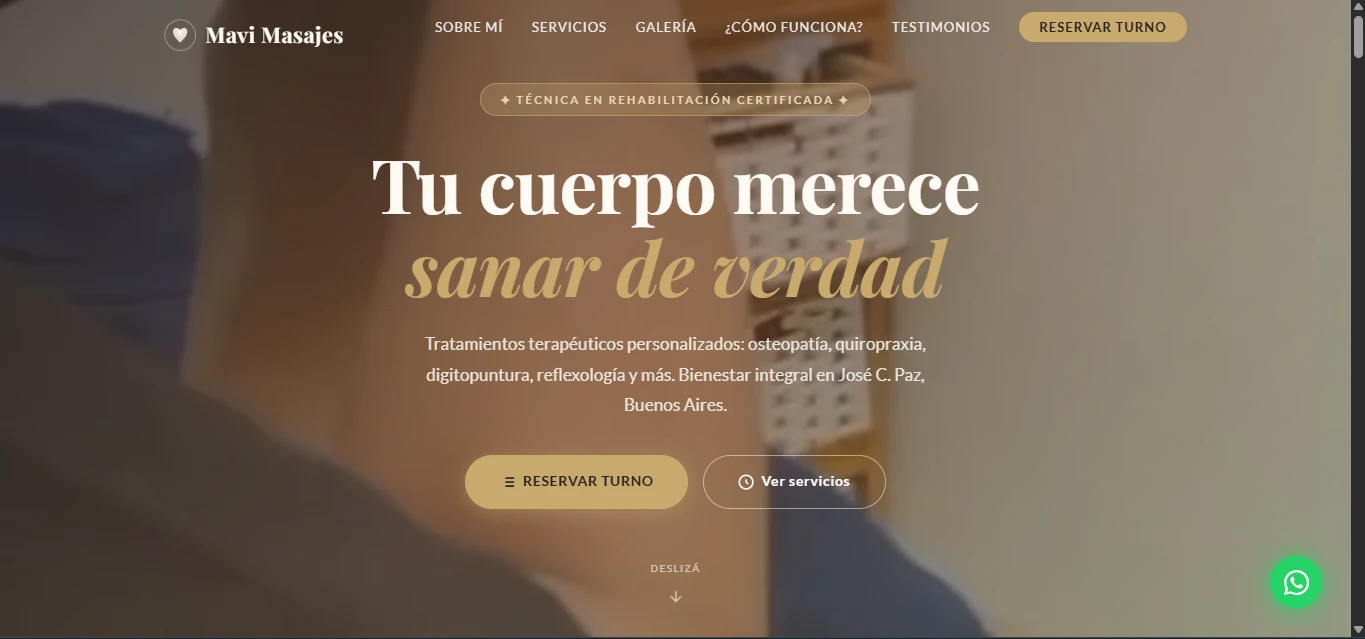 Página de inicio de Mavi Masajes, tratamientos terapéuticos en José C. Paz